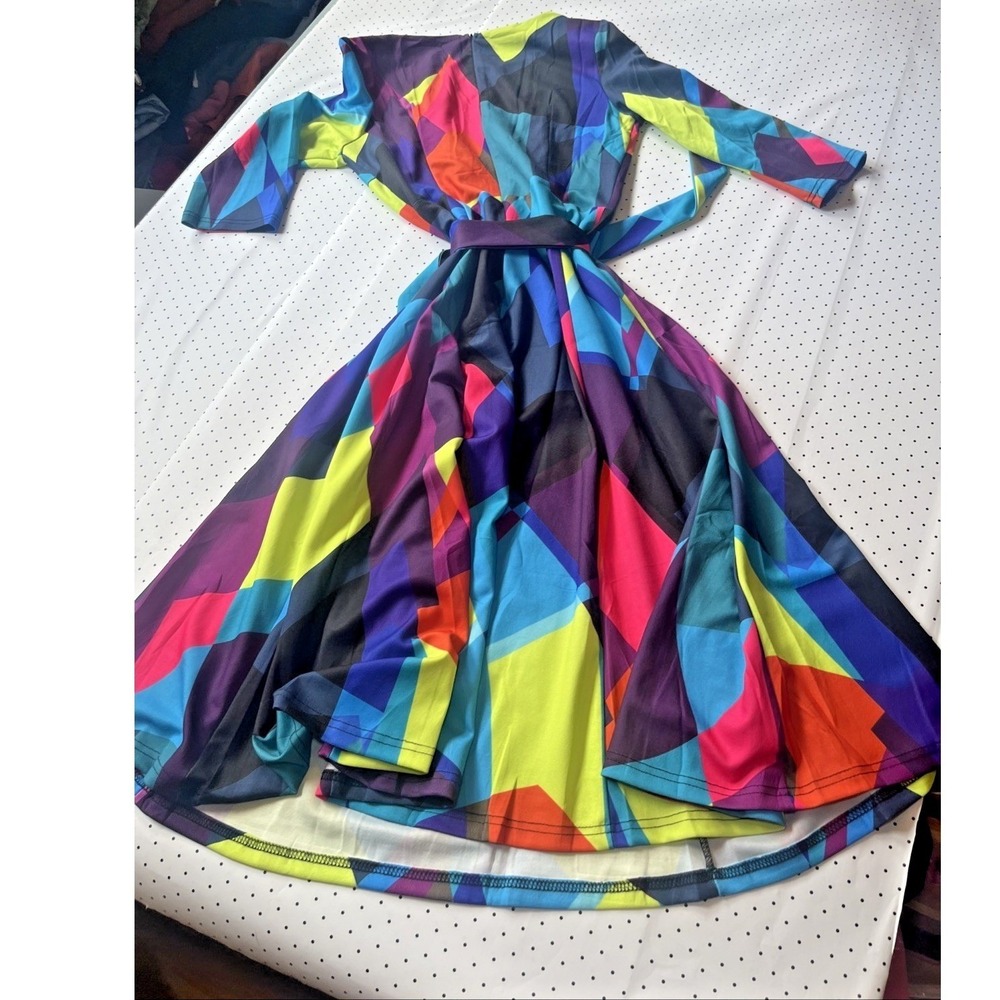 Colorblock Geometric Fit Flare Midi Dress Tie Waist Neon Abstract Retro M - Picture 7 of 11